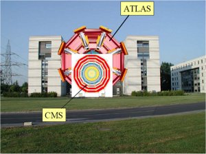 Rys. 3. Porównanie rozmiarów dwóch detektorów. Ten większy-ATLAS, ma 46 m długości i 25 m wysokości i szerokości. Obydwa detektory będą poszukiwać cząstek Higgsa, cząstek ciemnej materii a także innych rozszerzeń MS, takich choćby jak istnienie więcej niż czterech wymiarów czasoprzestrzeni.